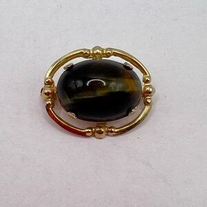 Vintage Gold-Tone Oval Brooch | Dark Cabochon Stone | Petite Statement Pin